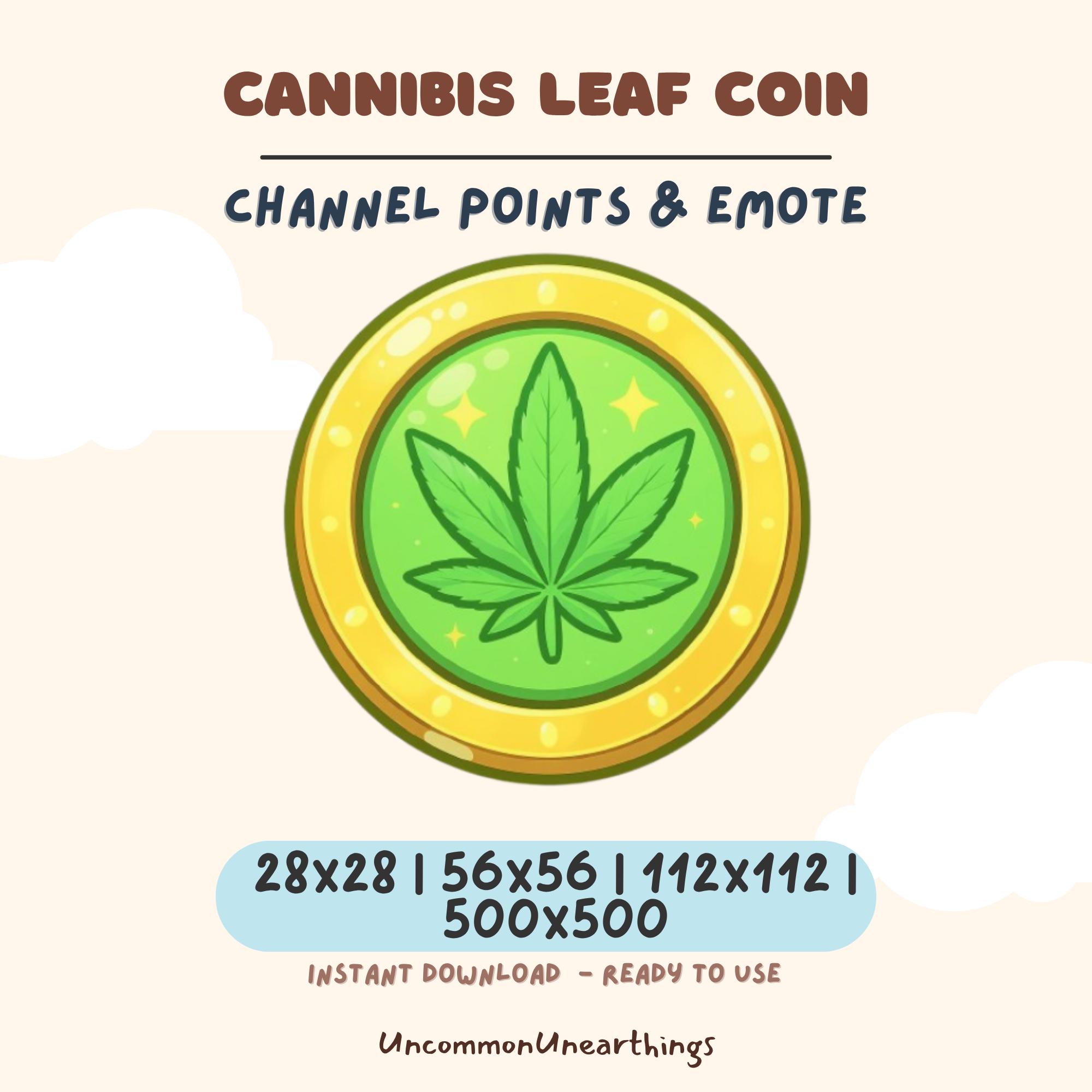 Cannabis leaf coin emote for Twitch and Discord channels, green leaf on gold coin design in multiple sizes