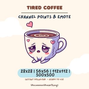 Tired Coffee Cute Kawaii Emote for Twitch Discord Gaming Channel Points Sleepy Mug Character Art 28x28 to 500x500px