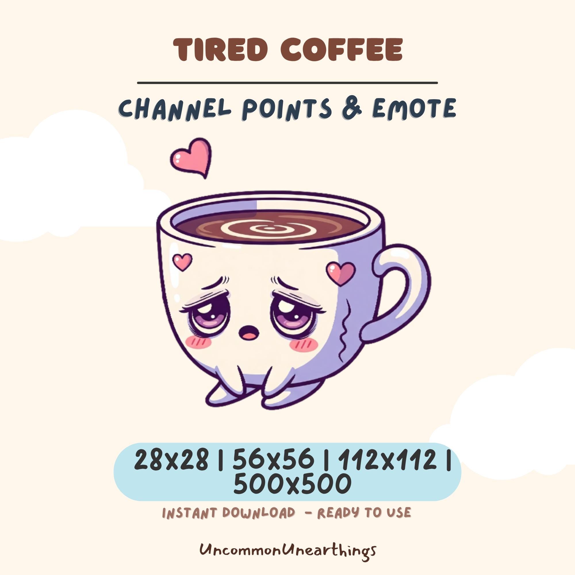 Tired Coffee Emote - Cute sleepy coffee cup character with hearts, 28x28 to 500x500px Twitch Discord emote download