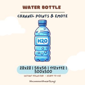 Water bottle H2O emote for Twitch and Discord channels, available in 28x28, 56x56, 112x112, and 500x500 pixel sizes