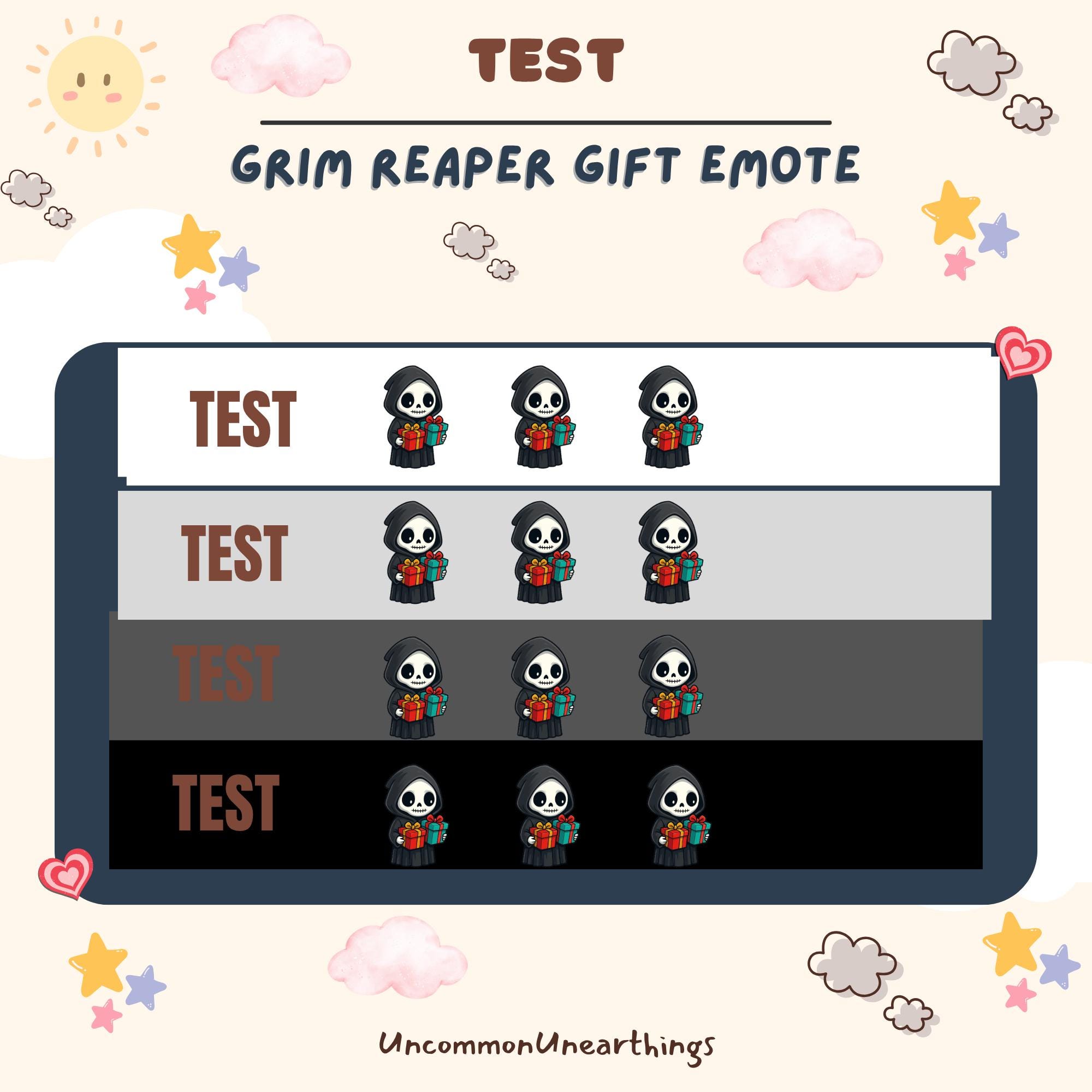 Grim Reaper Gift Emote Test Sheet - 4 variations of cute skeleton character holding presents for Twitch and Discord streaming