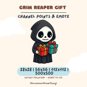 Grim Reaper Gift Twitch emote with channel points and cute skeleton character holding presents in multiple sizes