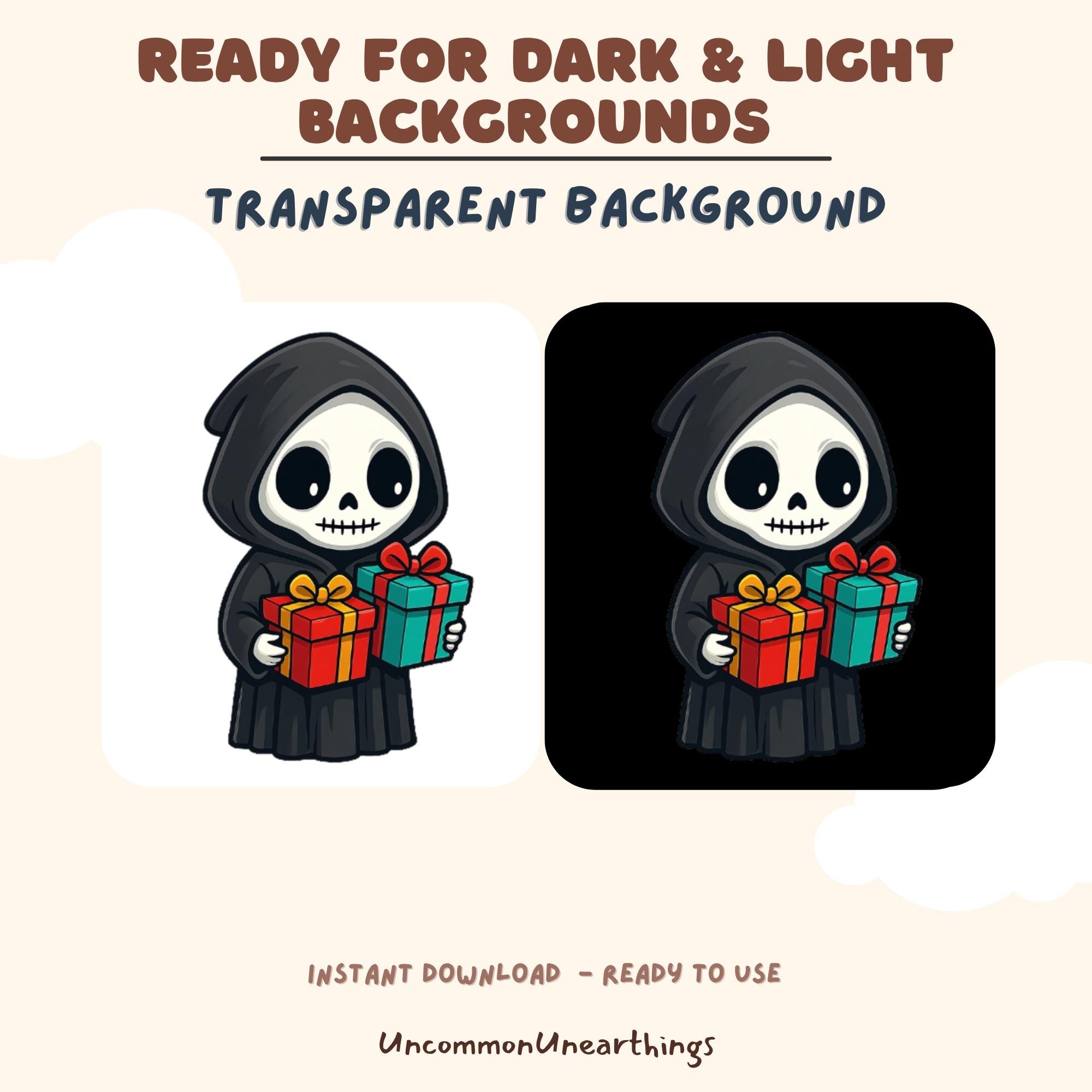 Cute skeleton grim reaper holding gift boxes, transparent background emote for Twitch Discord, dark and light mode ready