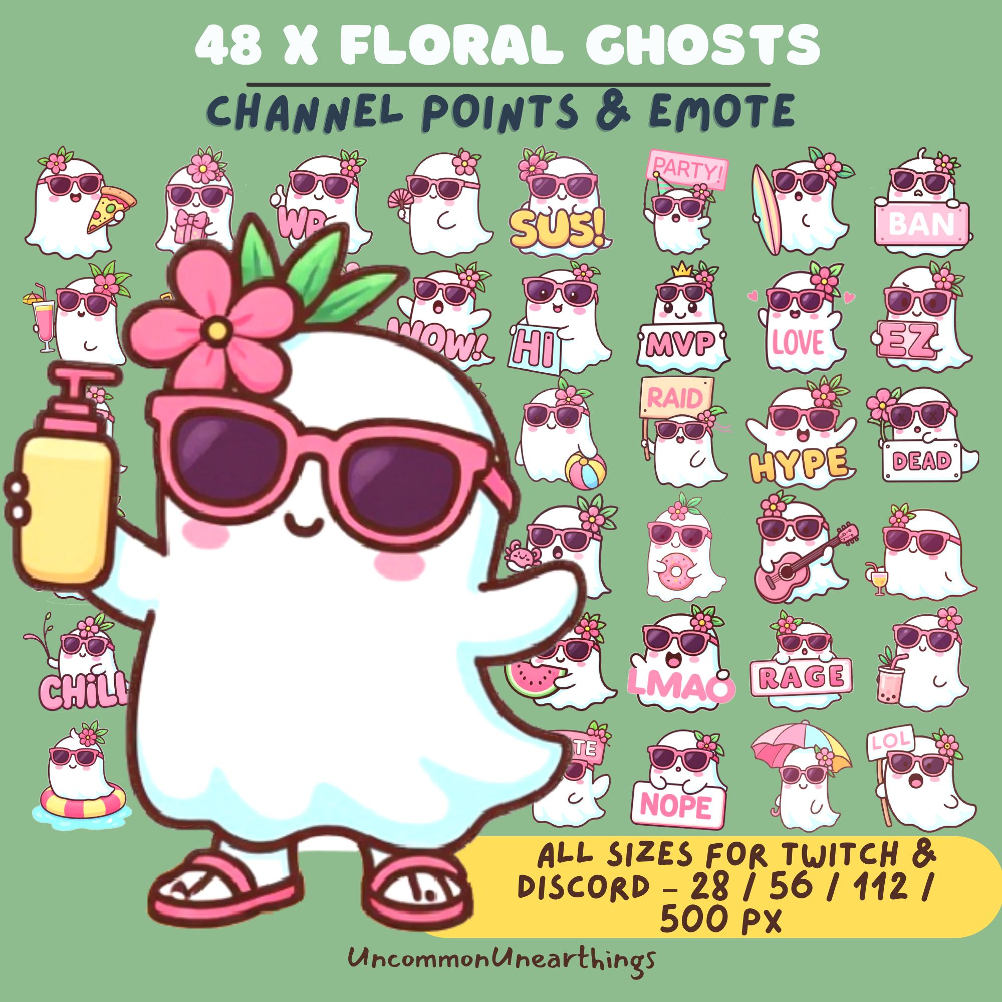 48 Floral Ghost Emotes for Twitch and Discord with Channel Points, cute pink flower designs and text phrases like Party, H...