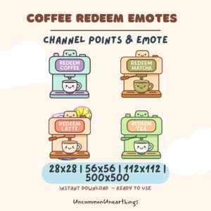 Coffee redeem emotes for Twitch and Discord - cute pixel art machines for coffee, matcha, latte, and tea channel points re...