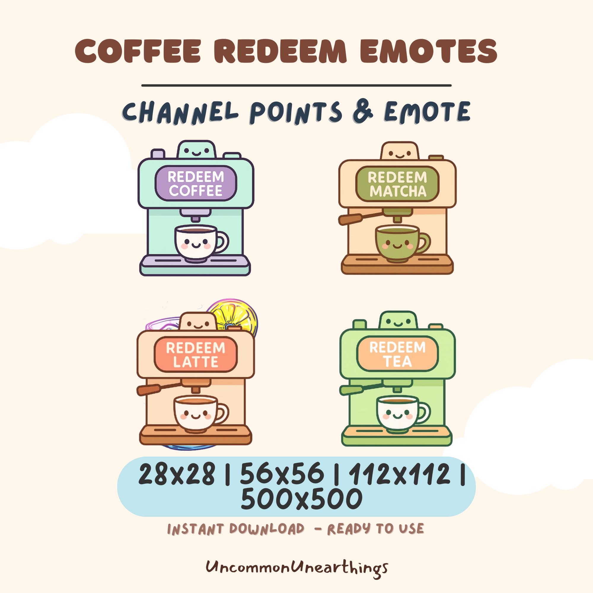 Coffee redeem emotes for Twitch chat - matcha, latte, coffee, and tea machine designs in multiple sizes