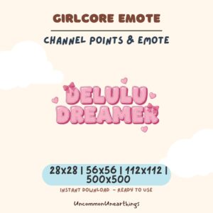 Delulu Dreamer pink girlcore emote for Twitch Discord, 28x28 to 500x500px instant download