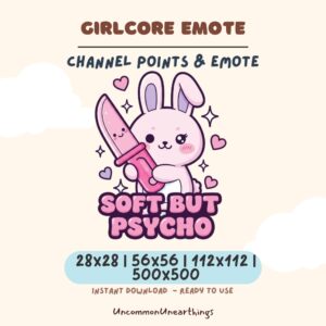 Cute pink bunny holding knife girlcore emote for Twitch and Discord channels, soft but psycho design