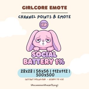 Girlcore Social Battery 1% emote - cute pink bunny character with low battery icon for Twitch and Discord channels