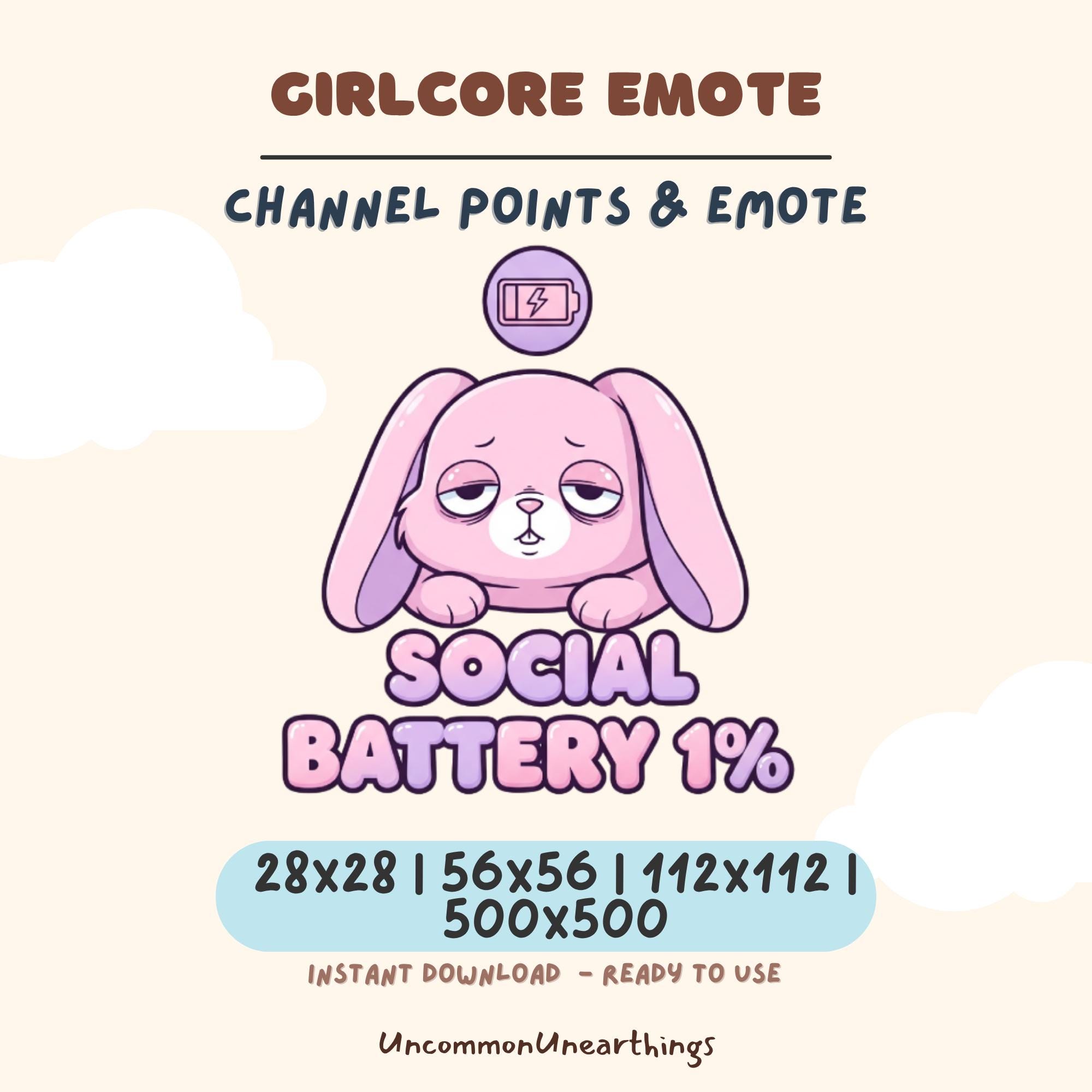Girlcore Social Battery 1% emote - cute pink bunny character with low battery icon for Twitch and Discord channels
