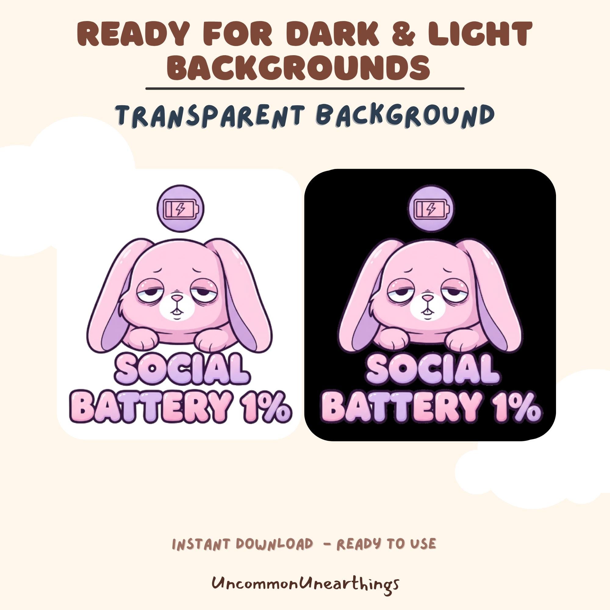 Cute pink bunny social battery 1% emote with transparent background, ready for dark and light backgrounds