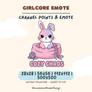 Cozy Chaos girlcore emote featuring cute pink bunny in yarn basket, available in 28x28 to 500x500 pixels for Twitch Discord