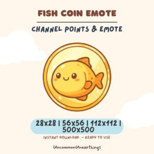 Fish coin emote for Twitch and Discord, cute yellow goldfish in gold circle, 28x28 to 500x500 pixels, instant download