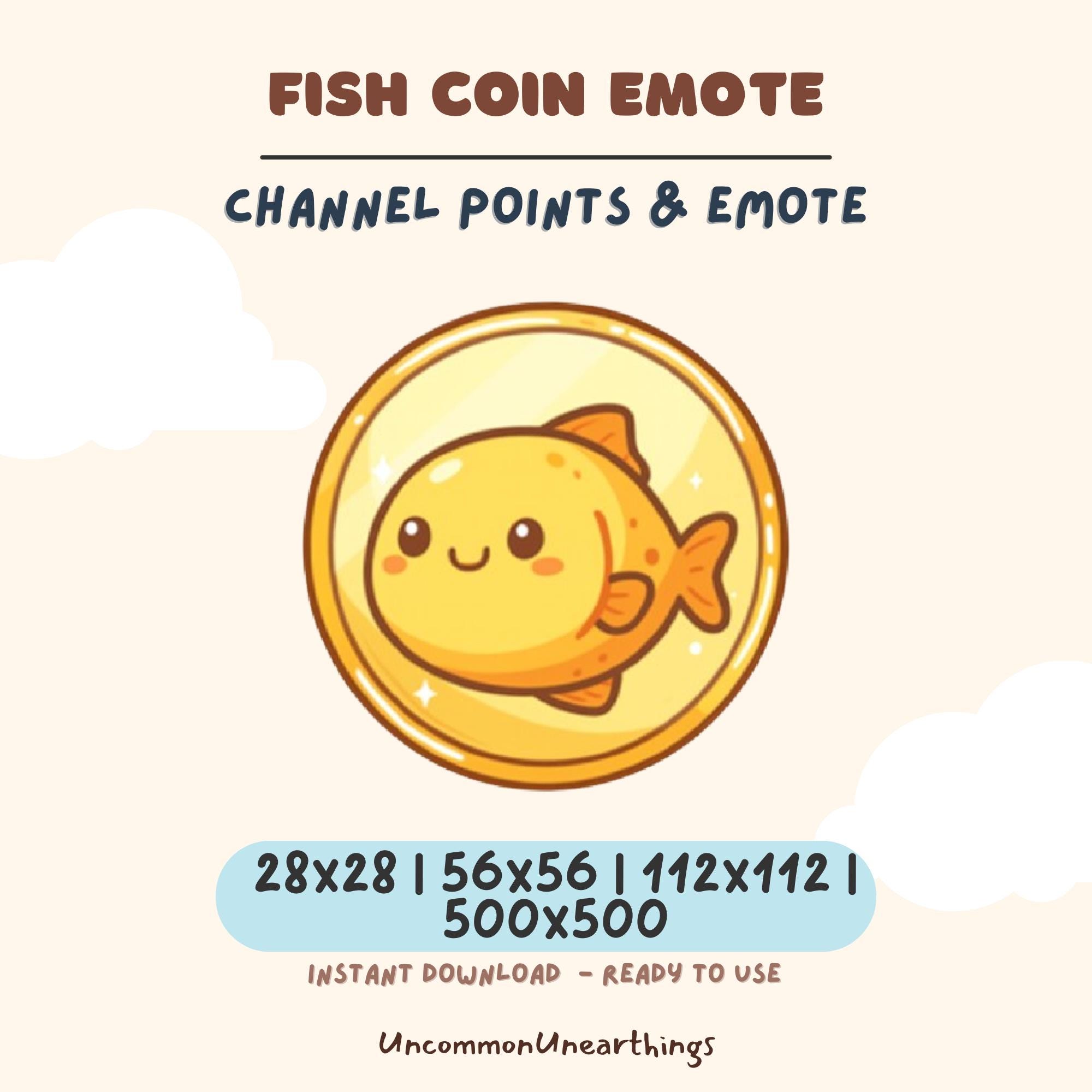 Fish coin emote for Twitch and Discord, cute yellow goldfish in gold circle, 28x28 to 500x500 pixels, instant download