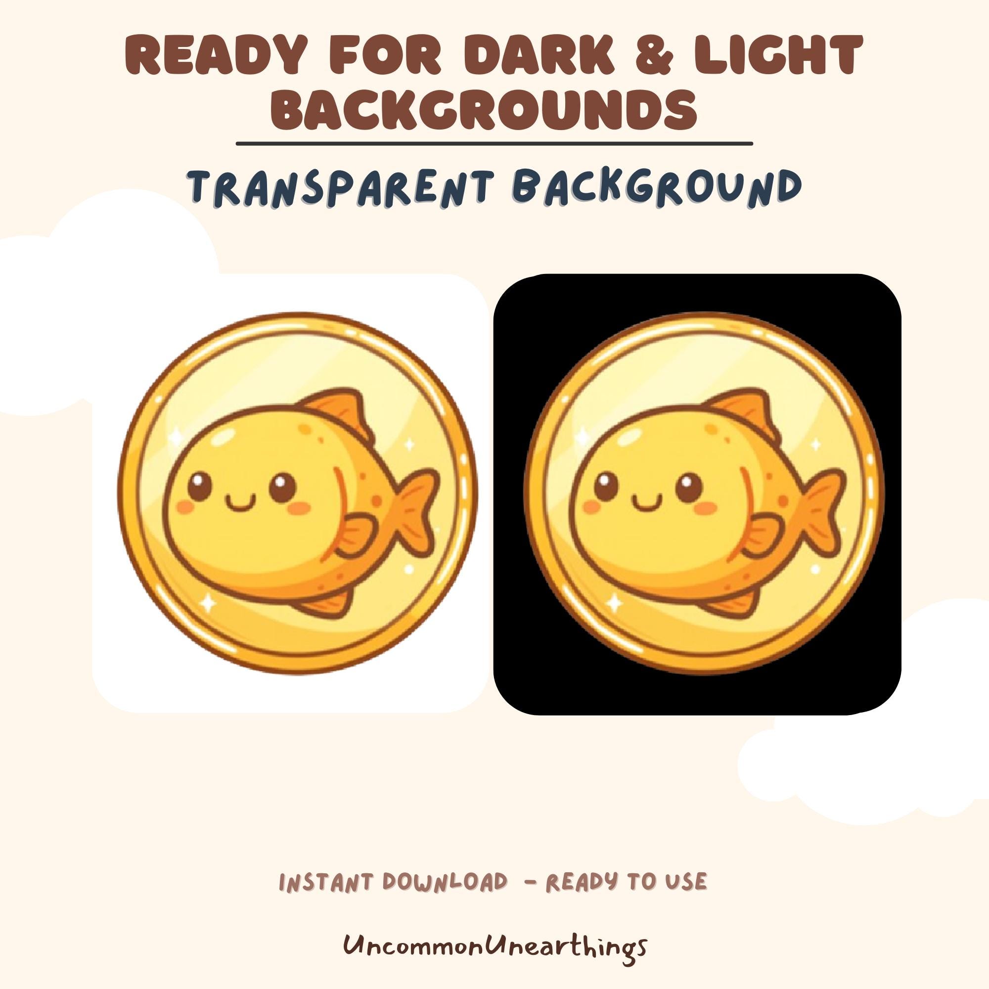 Cute gold fish coin emoji with transparent background, ready for dark and light backgrounds, instant download