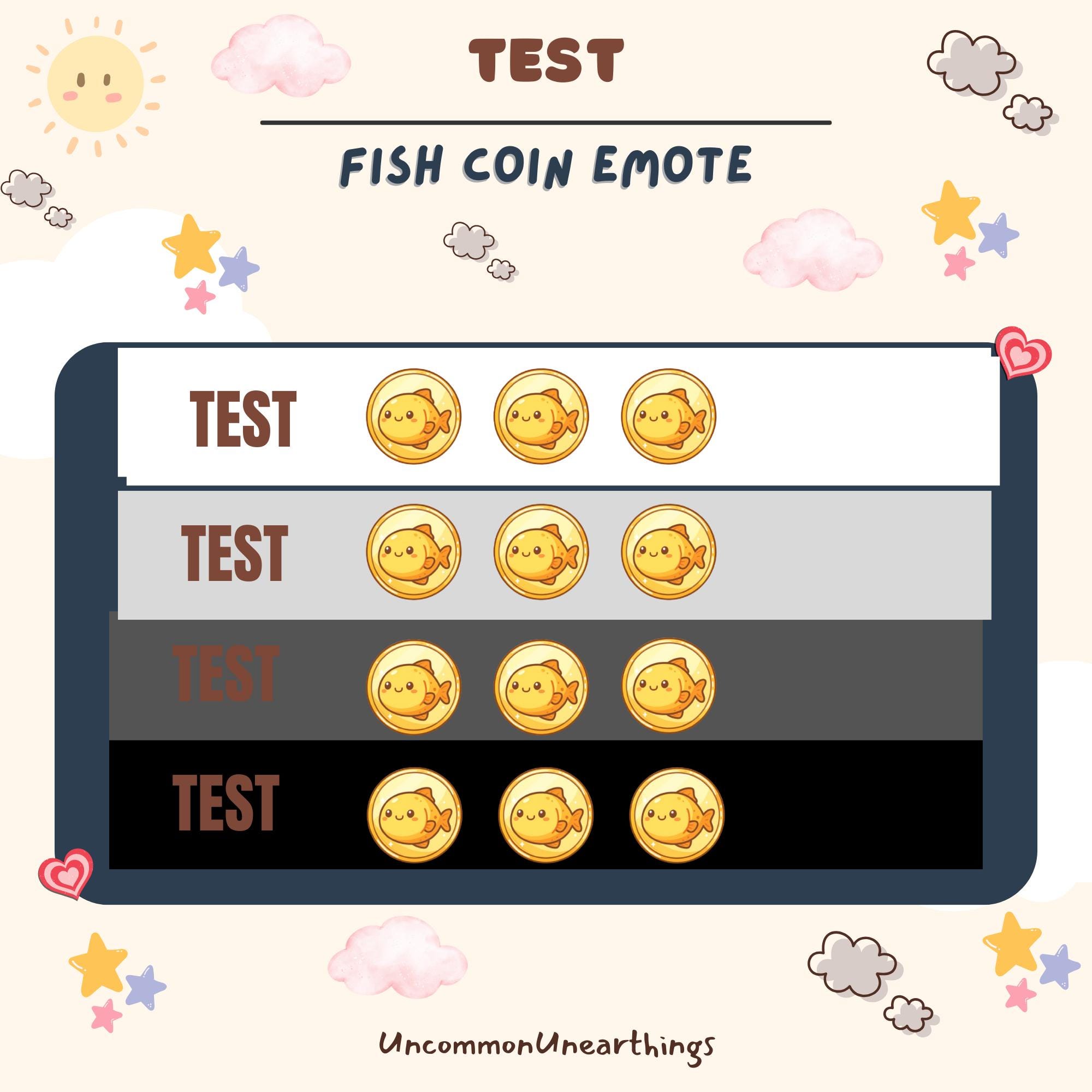 Fish coin emote test sheet showing four cute goldfish character variations in gold circles on different colored backgrounds