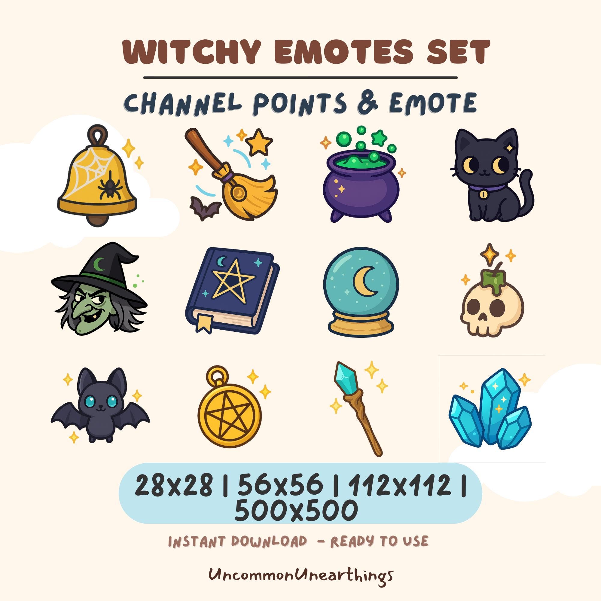 Witchy Emotes Set - 12 spooky channel points and Discord emotes with witch, cauldron, crystal ball, black cat, bat, wand, ...