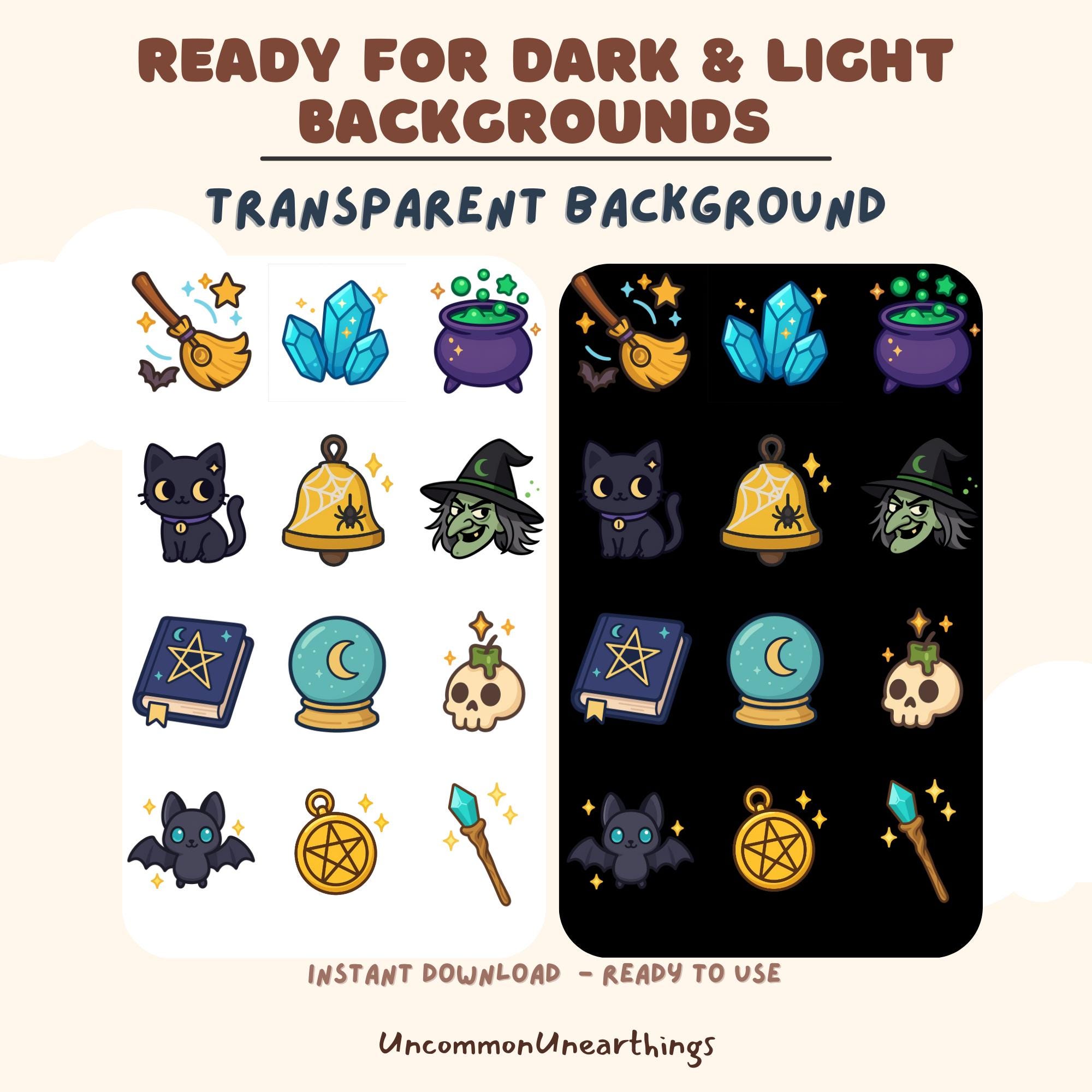 Witchy magic emotes pack with transparent background for light and dark themes - instant download ready to use