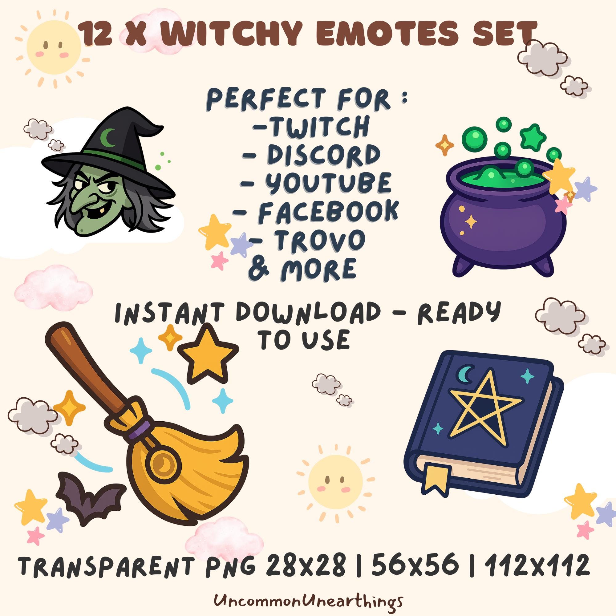 12 witchy emotes set for Twitch Discord YouTube with witch hat broomstick potion cauldron spellbook instant download PNG