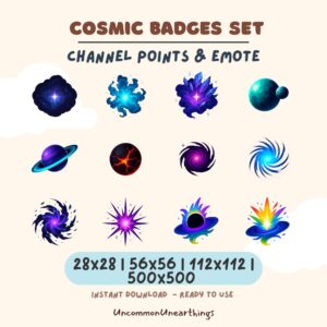 Cosmic Badges Set: 12 channel points and emote designs in glowing space themes, instant download for Twitch Discord