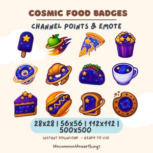 Cosmic food badges twitch discord emotes channel points purple blue stars pizza donut cake cookie