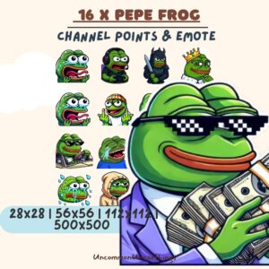 16x Pepe Frog Twitch emotes pack with channel points and expressions, various sizes available