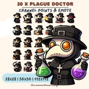 30x Plague Doctor Twitch emotes and Discord channel point icons with potions and spells in 28x28, 56x56, 112x112 sizes