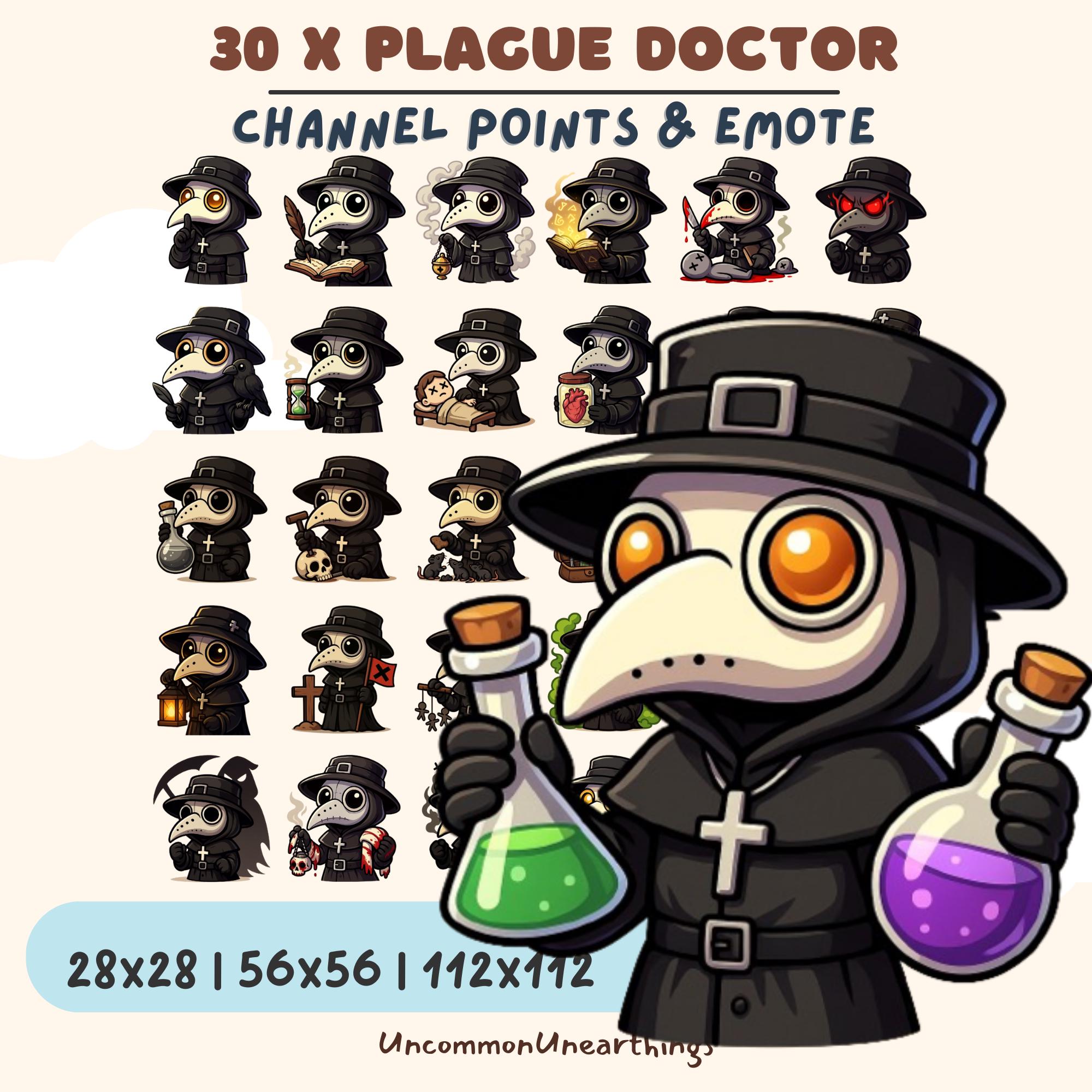 30x Plague Doctor Twitch emotes and Discord channel point icons with potions and spells in 28x28, 56x56, 112x112 sizes
