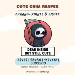 Cute Grim Reaper emote with skull face and red background. Channel points and Discord emote. Dead inside but still cute de...