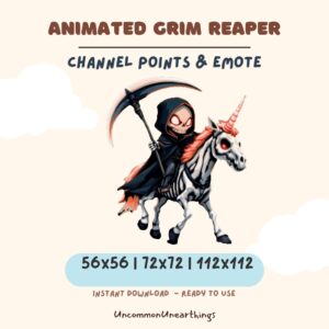 Animated Grim Reaper Twitch emote on skeleton unicorn, 56x56 72x72 112x112 pixels, instant download
