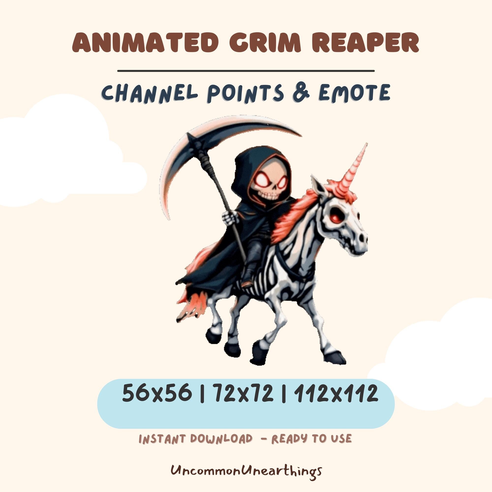 Animated Grim Reaper Twitch emote on skeleton unicorn, 56x56 72x72 112x112 pixels, instant download