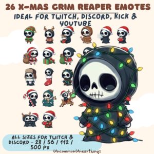 26 Christmas Grim Reaper Emotes for Twitch Discord YouTube - Spooky Holiday Skeleton Emojis