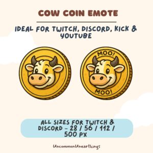 Cow coin emote with MOO text for Twitch Discord YouTube streaming platforms in multiple sizes