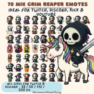 70 Mix Grim Reaper Emotes for Twitch Discord Kick YouTube - Cute Spooky Skeleton Character Emojis All Sizes