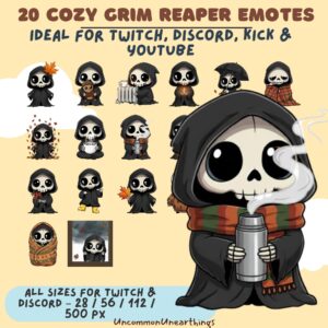 Cozy Grim Reaper emotes collection for Twitch Discord YouTube - 20 cute skeletal character designs in various poses and se...