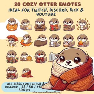 Cozy otter emotes pack - 20 cute autumn designs for Twitch, Discord, Kick & YouTube streaming platforms
