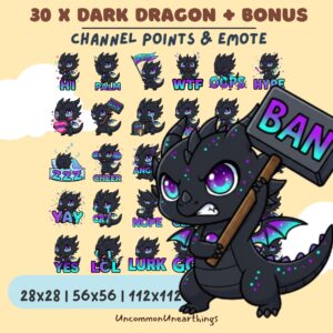 30x Dark Dragon emotes set with bonus channel points and emotes for Twitch streaming and Discord communities