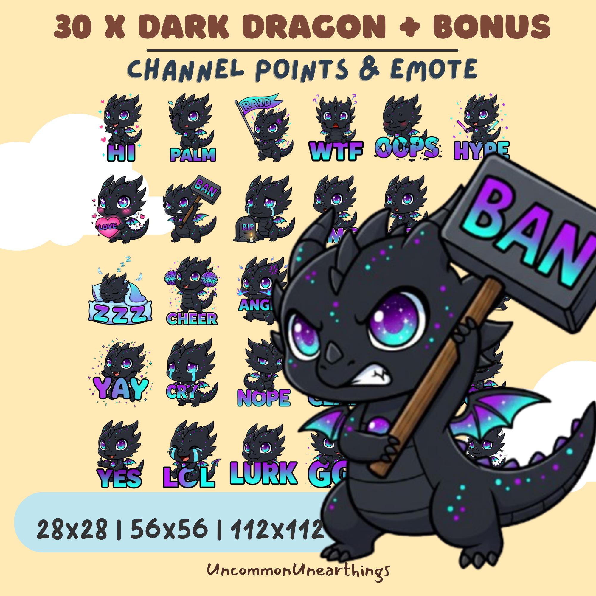 30x Dark Dragon emotes set with bonus channel points and emotes for Twitch streaming and Discord communities