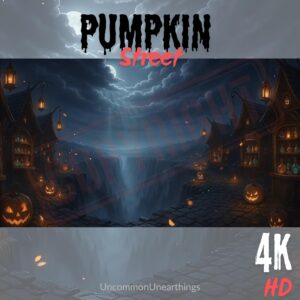Pumpkin Street 4K HD Halloween animated background with jack-o'-lanterns, haunted houses, lightning and glowing lanterns