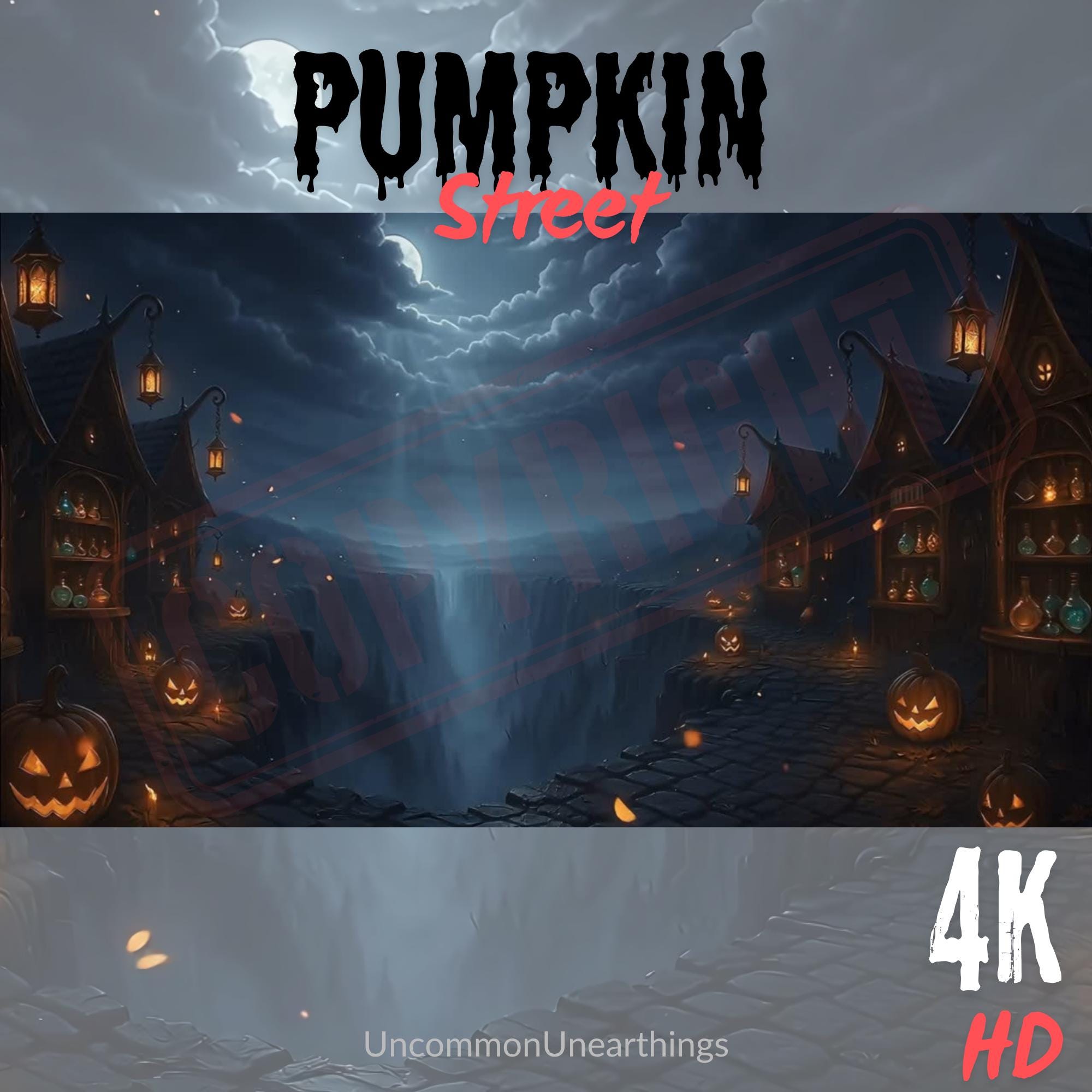 Pumpkin Street 4K HD Halloween animated background with jack-o'-lanterns, haunted houses, lightning and glowing lanterns