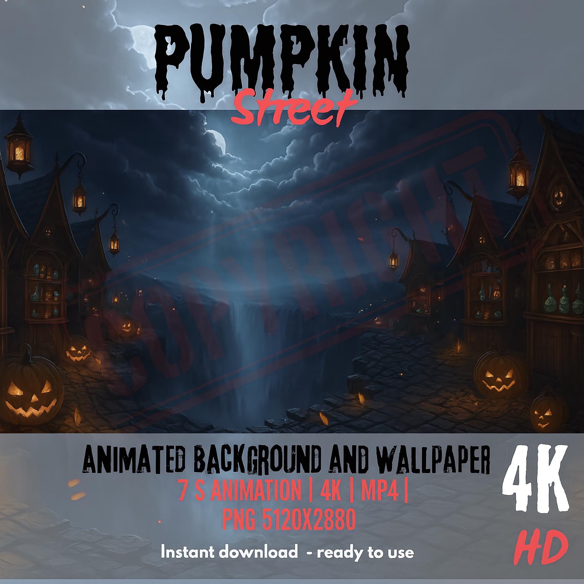 Pumpkin Street 4K animated Halloween background with jack-o-lanterns, haunted houses, and stormy sky effects