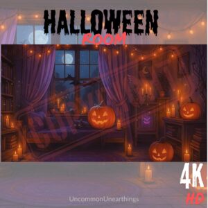 Halloween Room 4K HD - Spooky bedroom with jack-o-lanterns, candles, full moon, and purple curtains