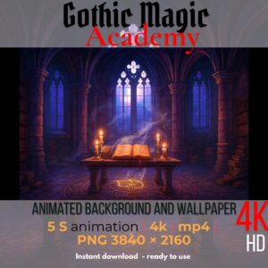 Gothic Magic Academy 4K animated background with glowing spell book, candles, and mystical library interior for Twitch str...