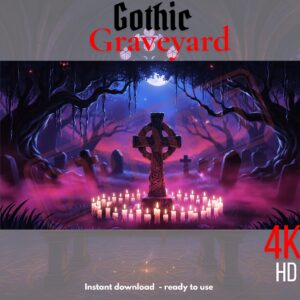 Gothic Graveyard 4K HD wallpaper with mystical cross, candles, moonlight, and dark trees - instant download