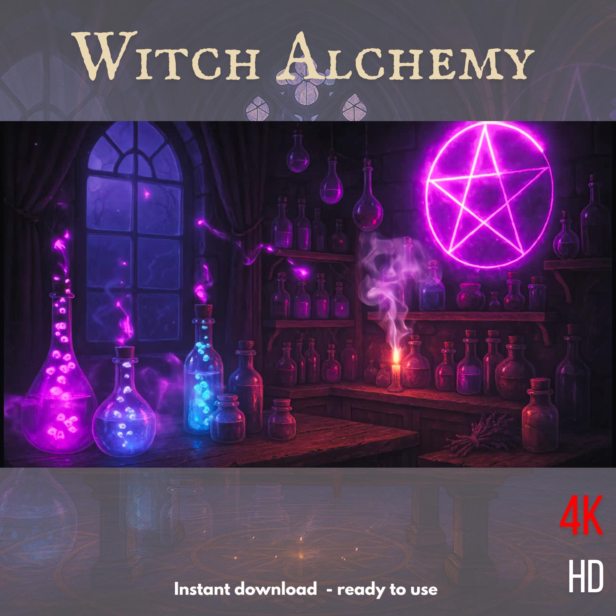 Witch Alchemy mystical lab with glowing potions and neon pentagram circle for Twitch Discord streaming overlay