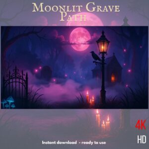 Moonlit Grave Path gothic fantasy artwork with pink moon, haunted chapel, lamp post, and candlelit graveyard in 4K HD