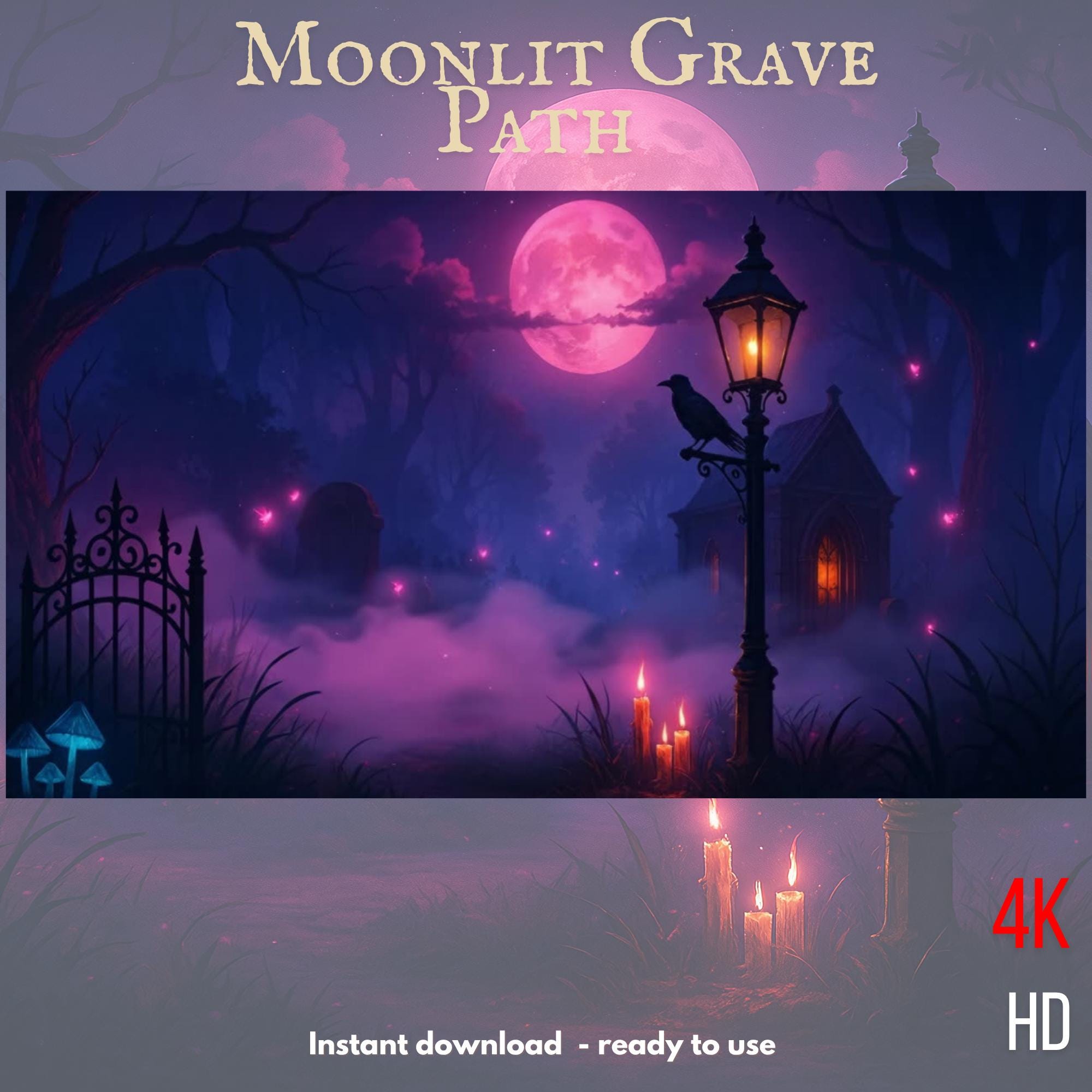 Moonlit Grave Path dark fantasy gothic cemetery scene with pink full moon, glowing lantern, candles, and haunted church in...