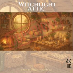 Cozy witchlight attic room with fireplace, plants, candles, and magical atmosphere - 4K HD digital art background