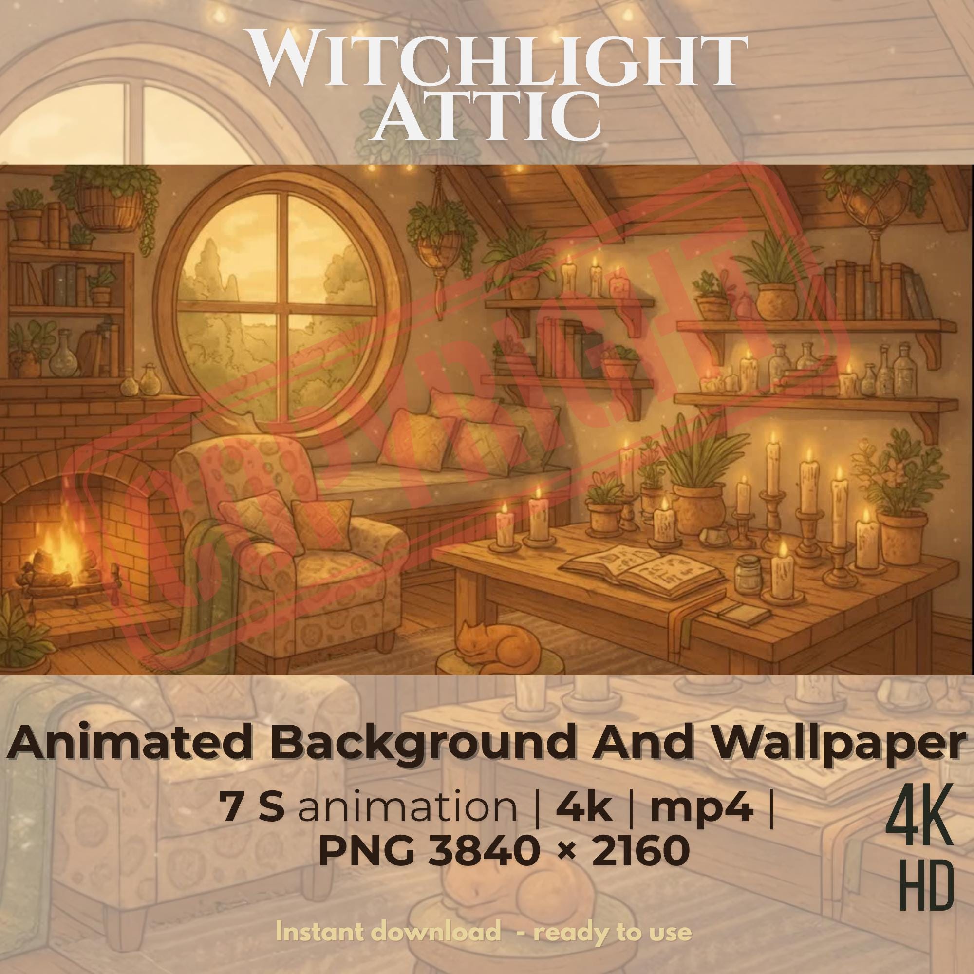 Witchlight Attic animated background 4K HD - cozy magical room with fireplace, candles, plants, books, and circular window
