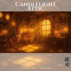 Cozy candlelit attic room with warm golden lighting, wooden furniture, plants, and arched window - 4K HD background